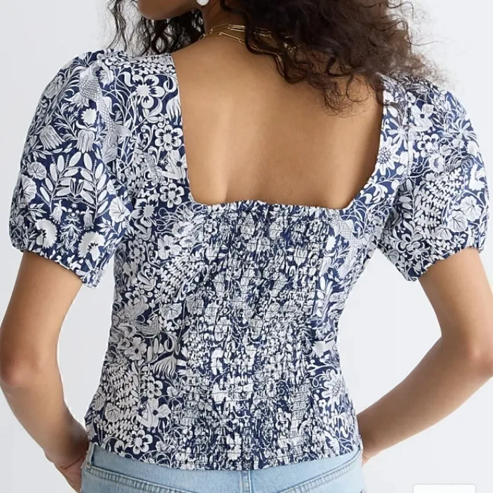 J CREW Cotton Poplin Square Neck Mermaid Print Puff Sleeve Top Size 0